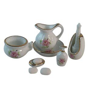 Miniature Dollhouse Bathroom Set Urn Pitcher Soap Dish Toilet Brush Floral White